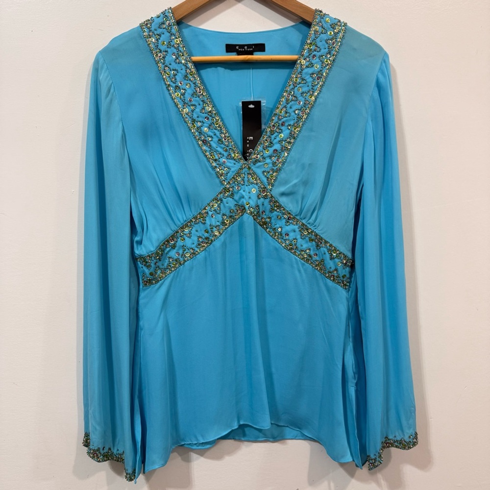 E C I New York Silk Beaded Embellished V-Neck Long Sleeve Fairy Blouse Size 8